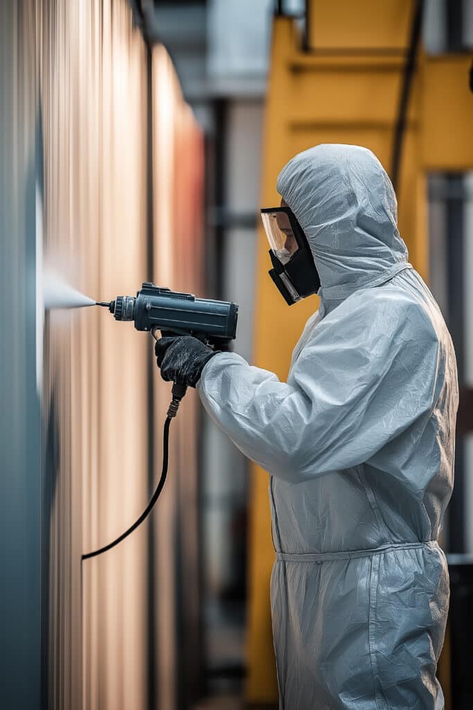 Ouvrier en combinaison de protection et masque pulvérise un matériau sur une surface verticale dans un environnement industriel éclairé.