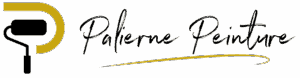 Logo Palierne Peinture : rouleau à peinture noir intégré dans un 'P' stylisé doré, avec nom en écriture manuscrite noire et souligné d'un trait doré.