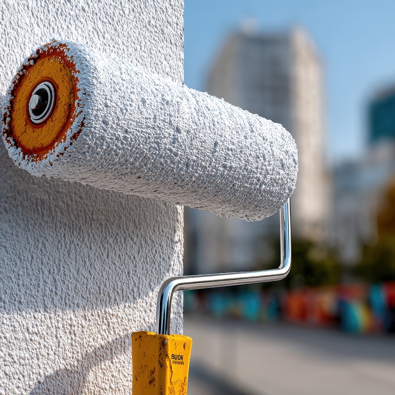 Gros plan sur un rouleau à peinture texturé appliquant une peinture blanche épaisse sur un mur rugueux, poignée jaune 'SUOK' visible.