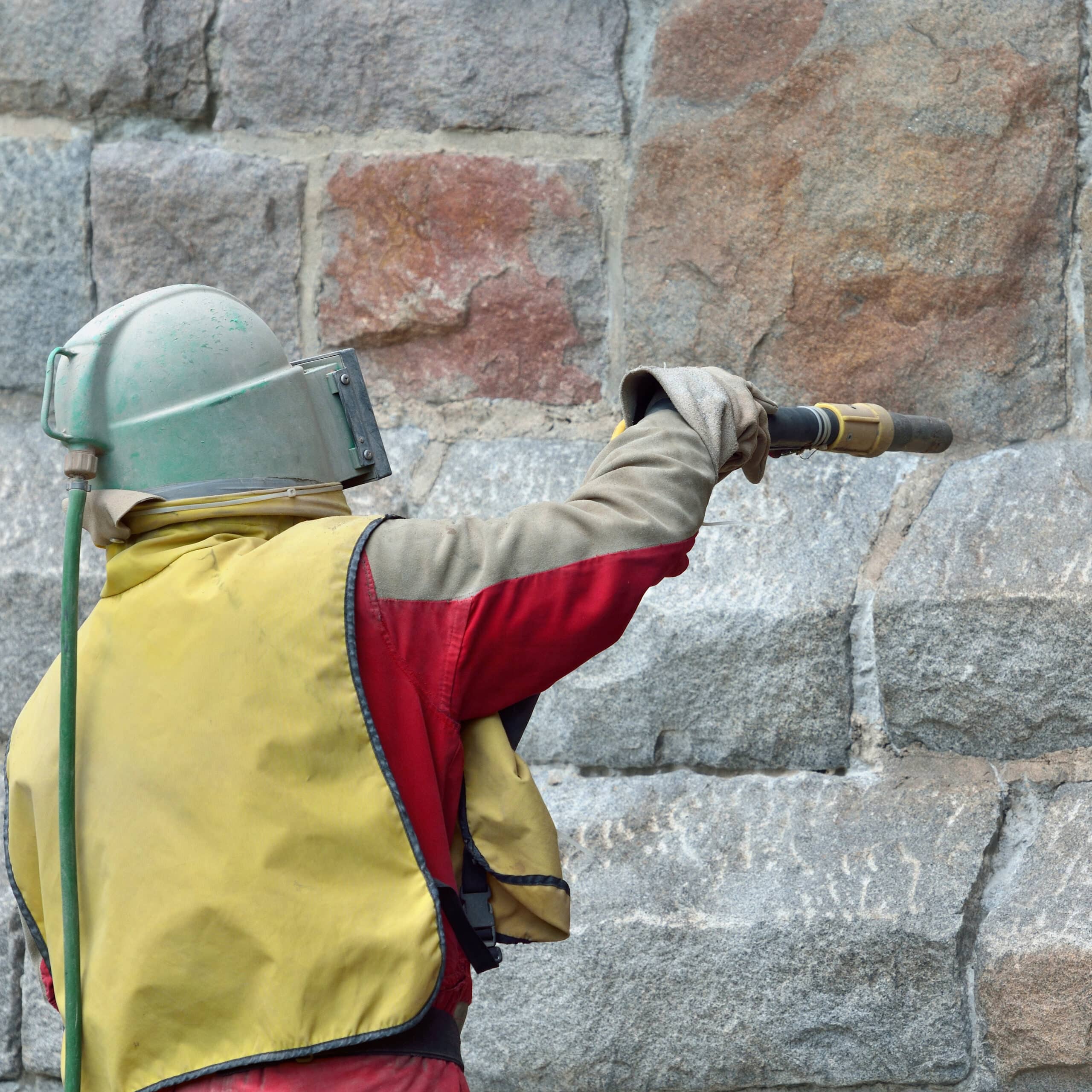 Ouvrier en équipement de protection jaune et rouge sablant un mur de pierres brutes avec une buse, restauration de maçonnerie.