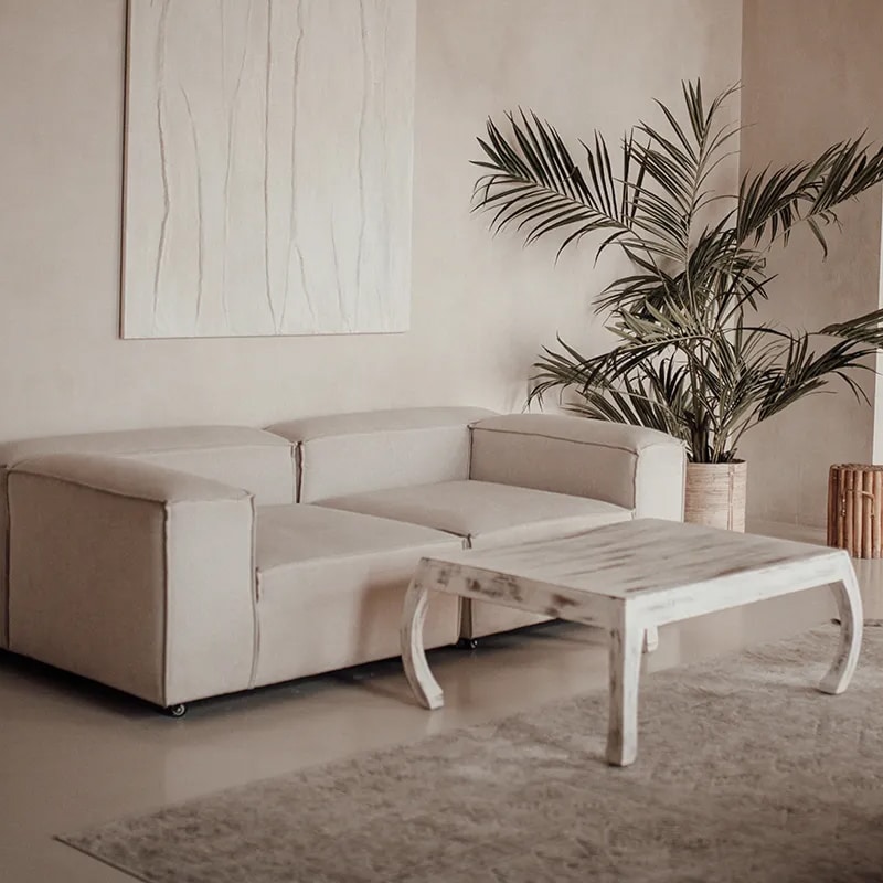 Salon minimaliste beige avec canapé modulable, table basse blanche patinée et grande plante verte, sous une œuvre d'art texturée.